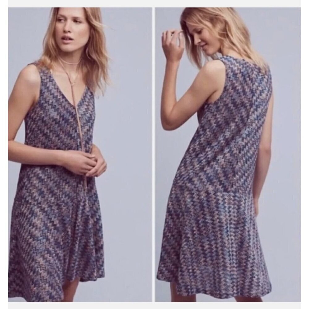 Anthropologie Maeve Westwater Chevron Knit Sleeveless Swing Drop Waist Dress SzM